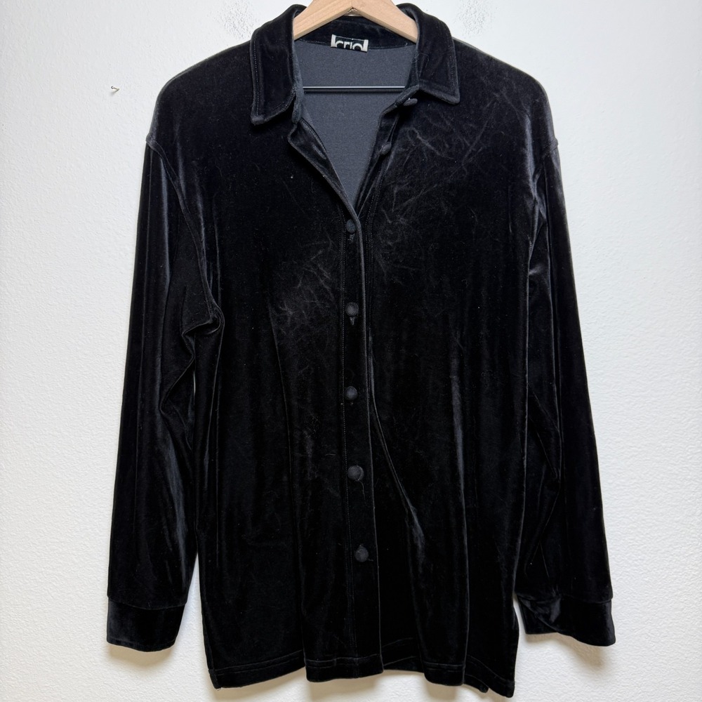 VTG Clio Velour Button Front Top Large Black Casual Lagenlook Classic Cozy